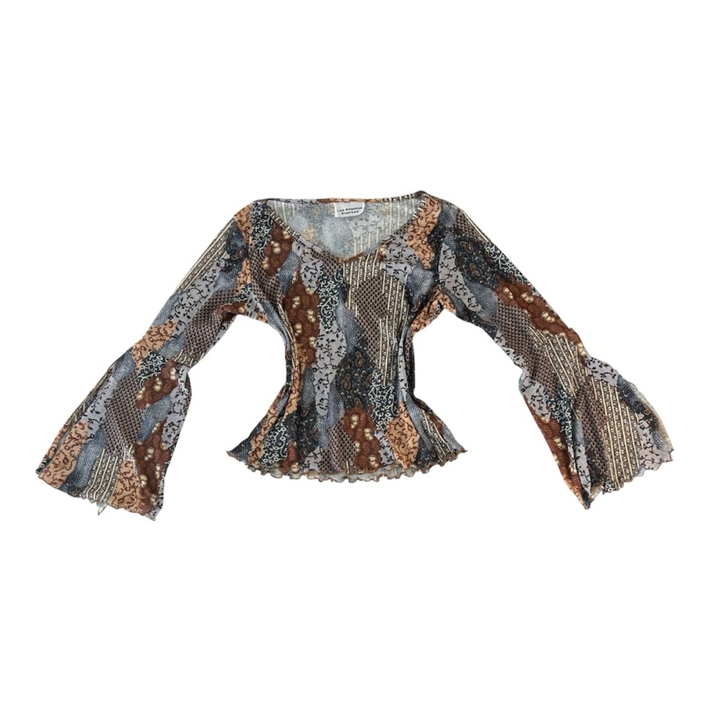 Floral Patchwork Peplum Bell-Sleeve Top - Brown & Blue